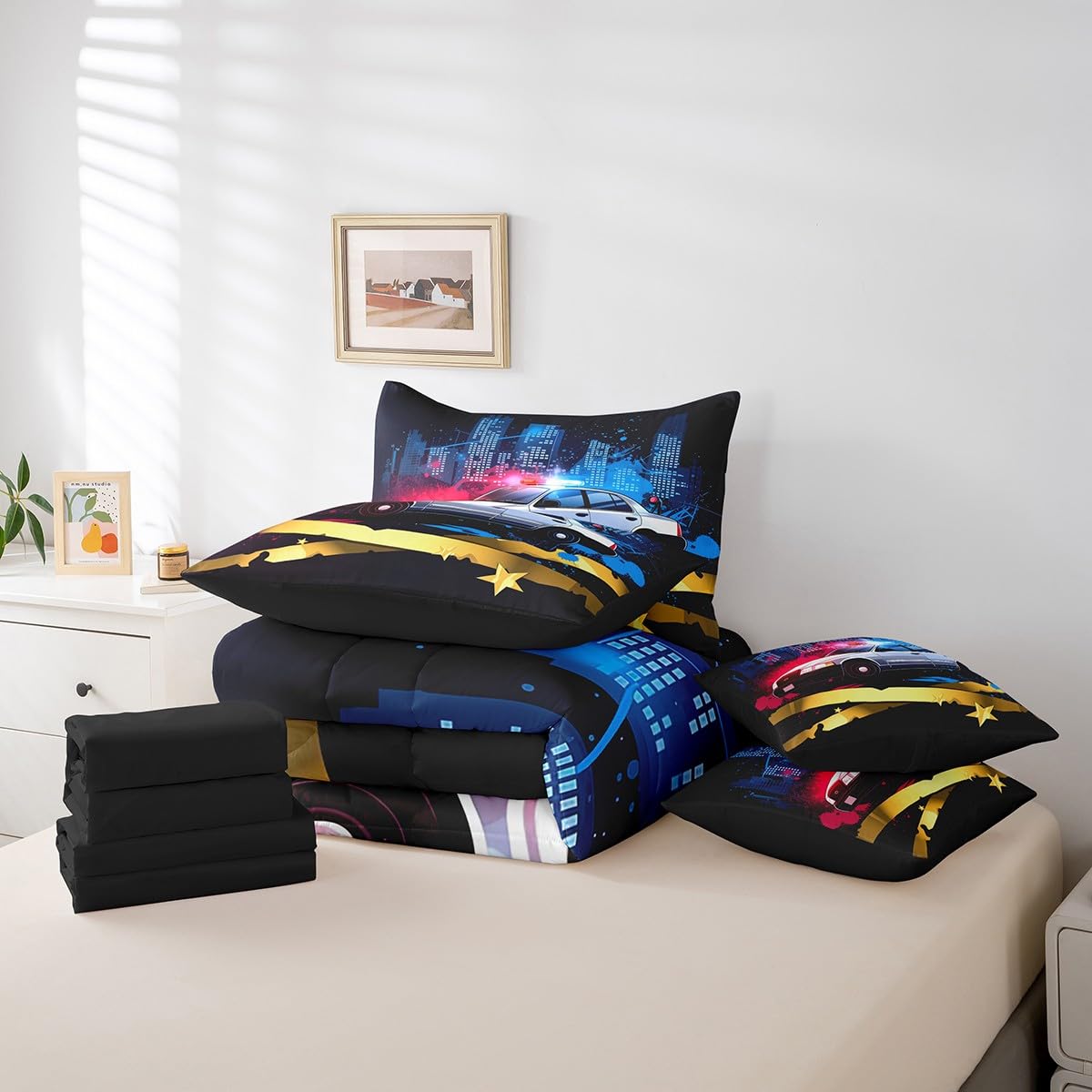 Erosebridal Police Car 7 Piece Comforter Set Full Bed in a Bag,Policeman Vehicle Car Bedding Sets Red Blue Cop Lights Truck Sheet Set with Comforter