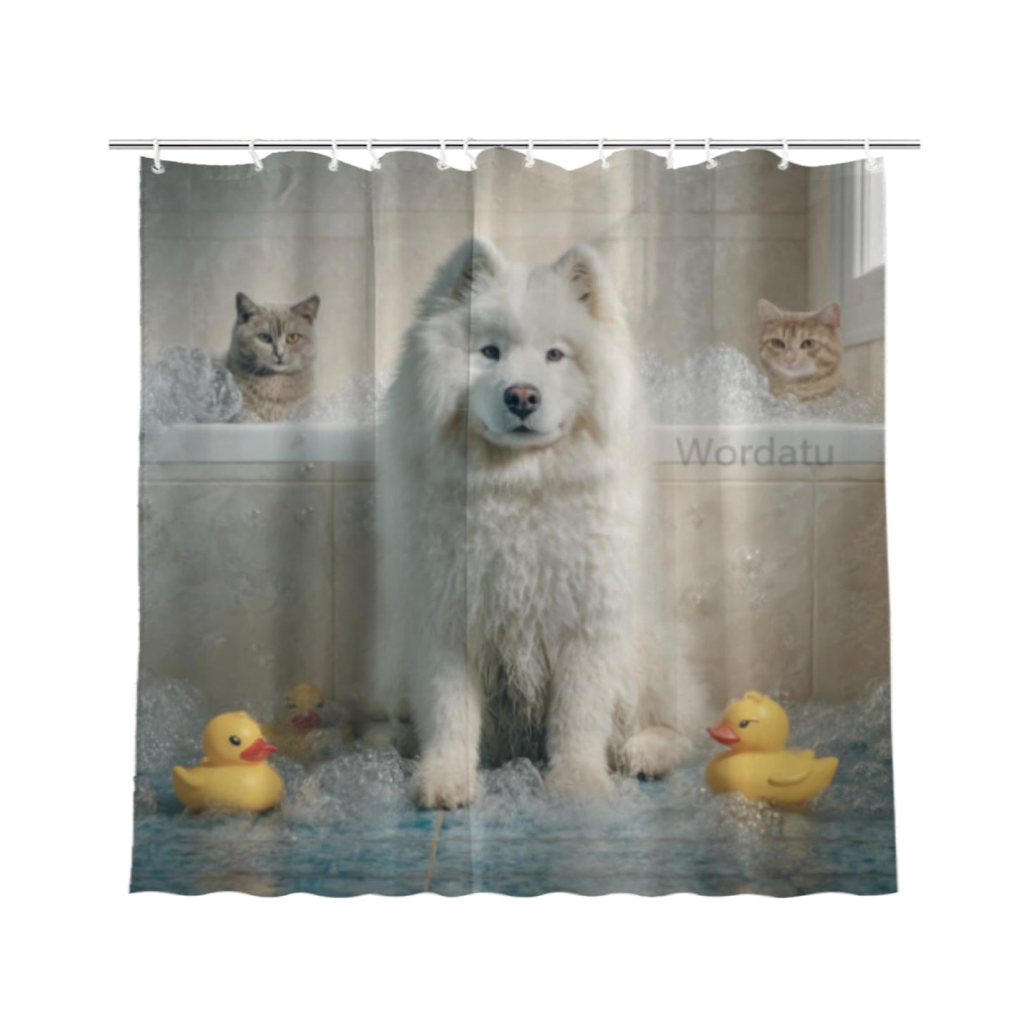 Wordatu Samoyed Shower Curtain Bathroom Set 72X72 Inches Funny Cat Lovely Animals in Bathtub for Boys Bath Farmhouse Art Home Decor Fabric 12 Hooks