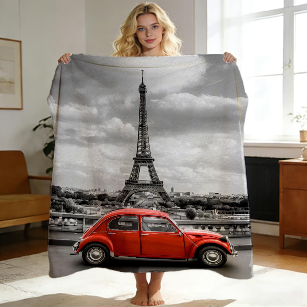 ZHOUSHUTONG Paris Blanket Throw Red Umbrella Flannel Blankets Eiffel Tower Car Plush Throw French Romantic Print Throws for Girls Bedroom Living Room Bed Couch Sofa 49"x59"