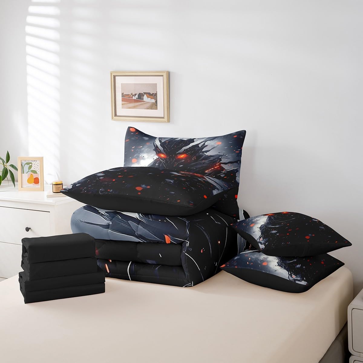 7-Piece 3D Samurai Bedding Comforter Sets for Boys Men Japanese Style Bed in a Bag, Black and Grey Full Bedding Sets Anime Theme Comforter Set, Gray Ombre Tie Dye Watercolor Bedding Sets & Collections