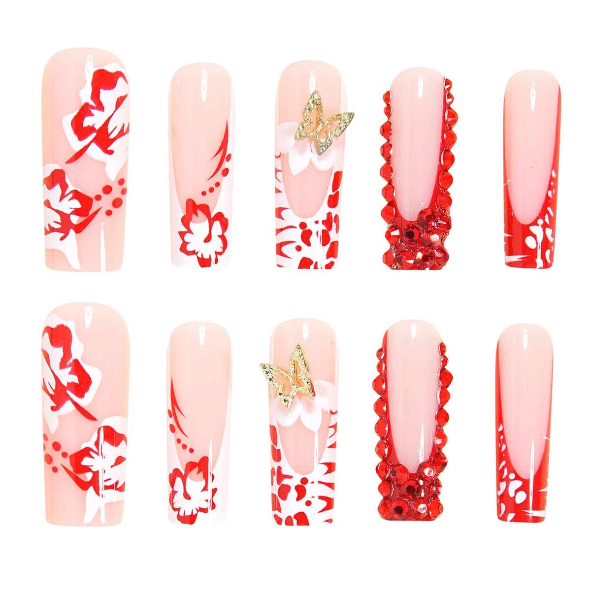 24 Red French Tip Press on Nails Long Coffin Fake Nails 3D Butterfly Rhinestones Glitter Designs Full Cover Hibiscus Flower Stick on Nails Spring Summer False Nails for Women Manicure Decorations DIY