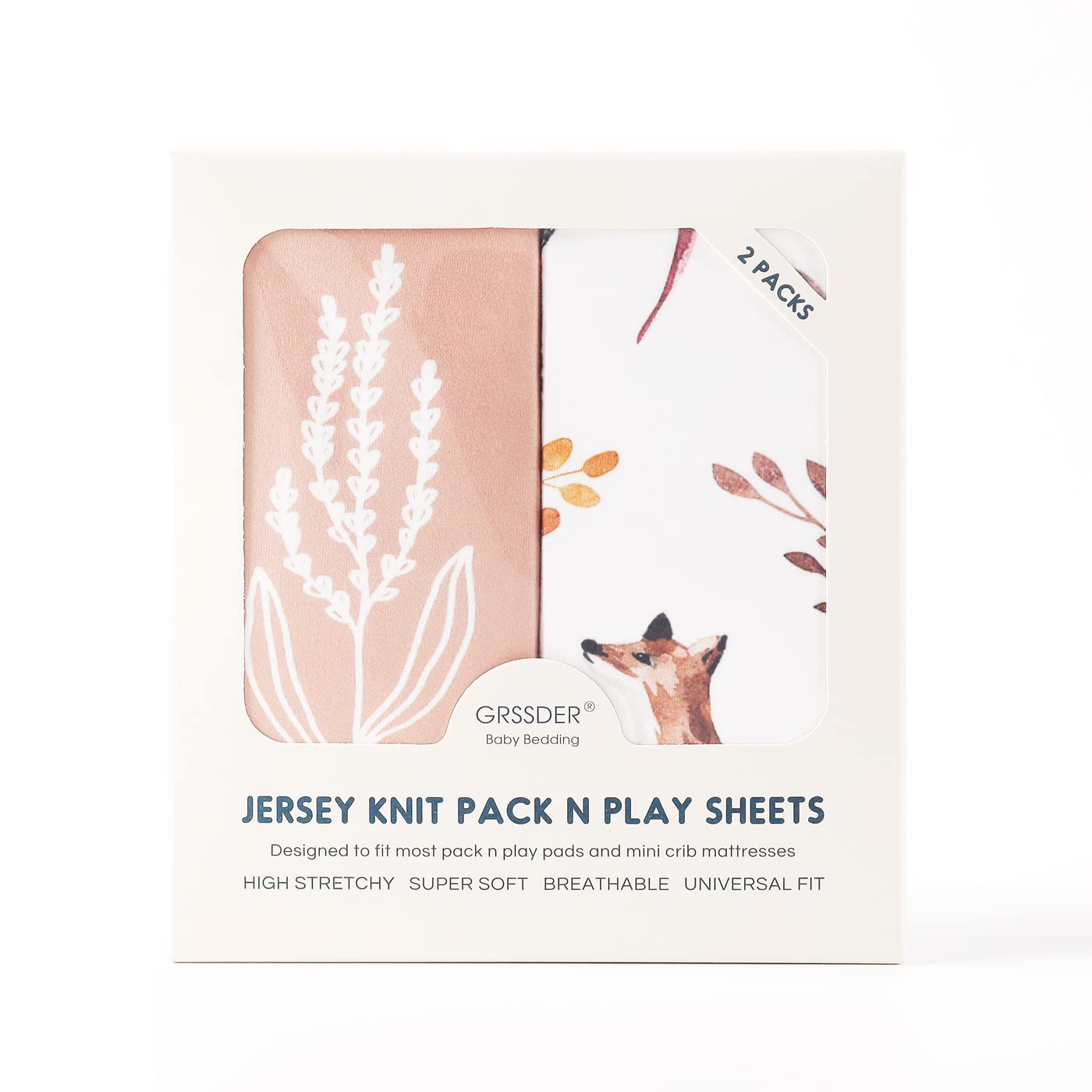 GRSSDER Stretchy Ultra Soft Jersey Knit Fitted Pack n Play Sheets Set 2 Pack, Universal Fit Portable/Mini Crib, Playards Mattress Pads Safe and Snug, Pretty Fox for Baby Girls