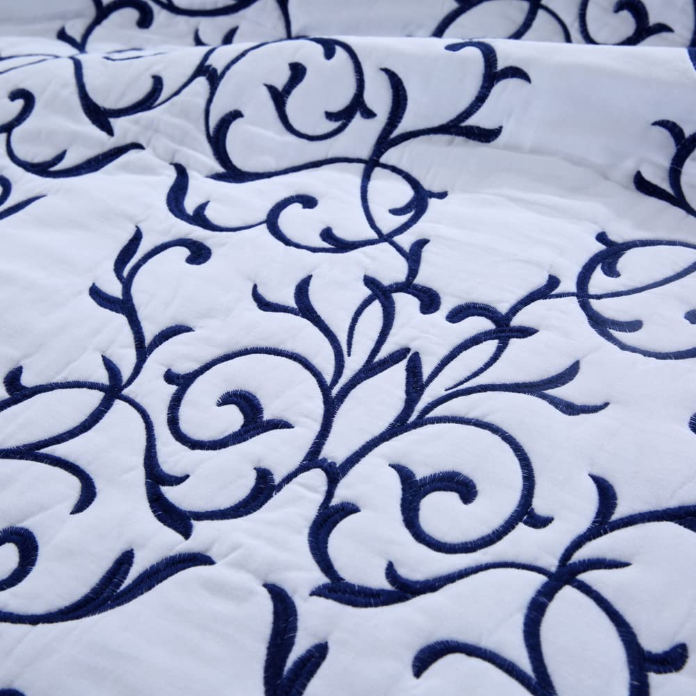 mixinni 2-Piece King Size Soft Microfiber Royal Blue Quilted Embroidery Floral Pattern Pillow Shams-20" x 36"