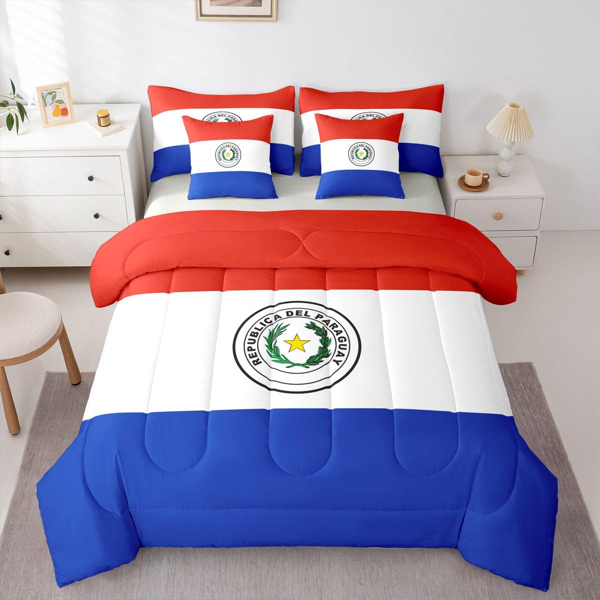 Feelyou Paraguayan Flag Comforter Set King Size 7 Pieces Paraguay Bedding Set for Kids Boys Girls World Countries Bed in a Bag with Sheets Bedroom Decor All Season Quilted Breathable Soft Lightweight