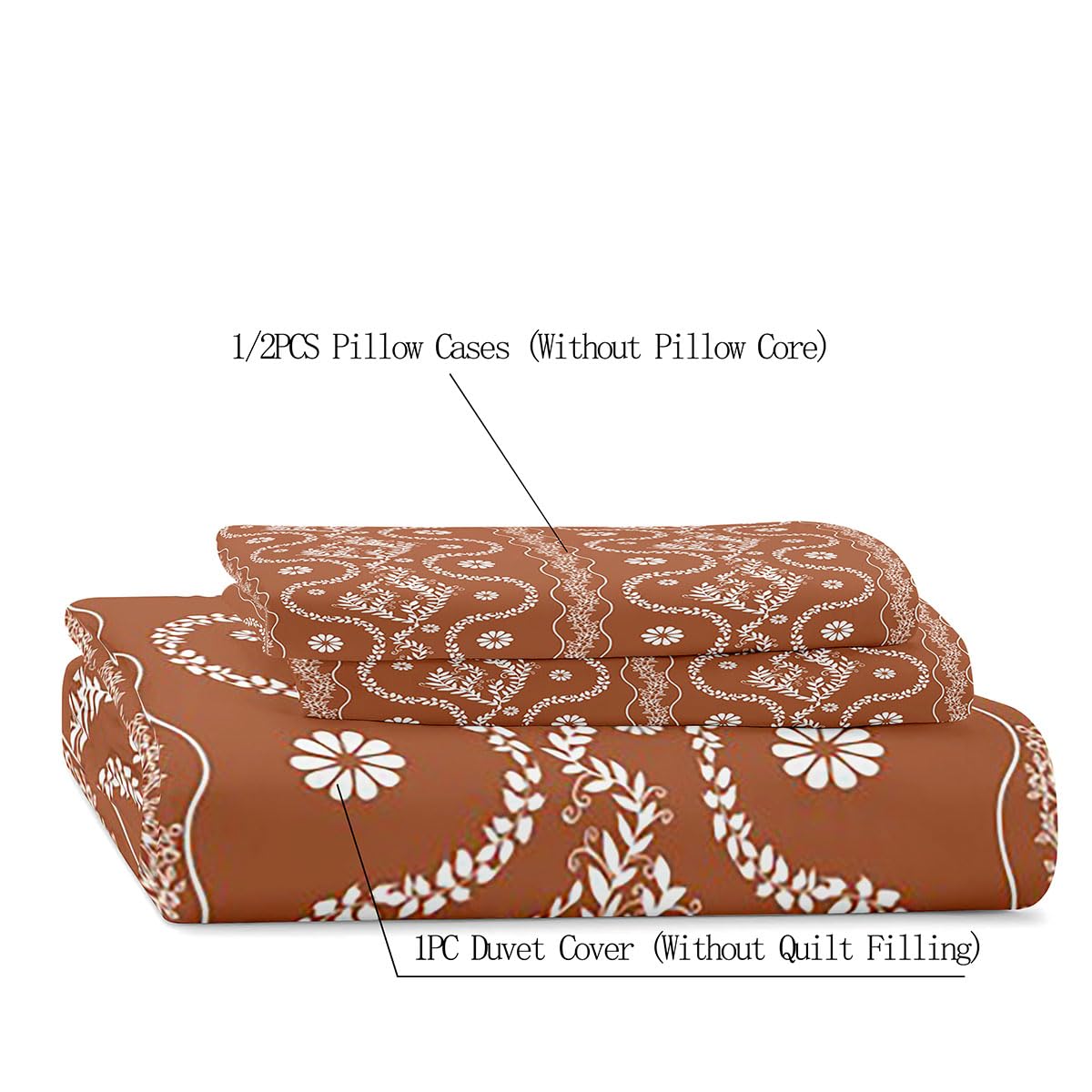 LUVIVIHOME 3PCS Burnt Orange Boho Duvet Cover King Bedding Set, Terracotta Duvet Cover, White Botanical Leaves Plant Floral Bedding, Country Rustic Farmhouse Bohemian Comforter Cover, 2 Pillow Cases