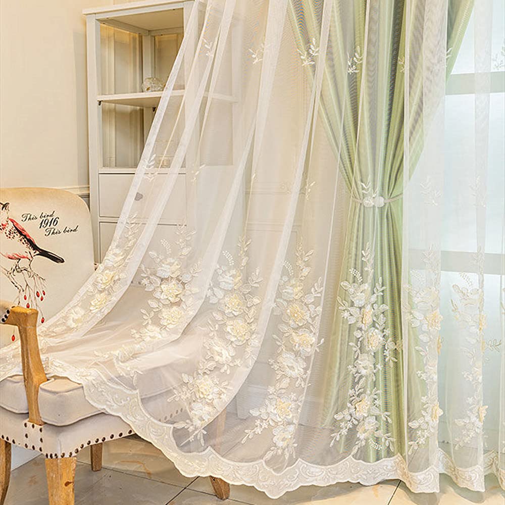 Amidoudou 1 Pair European 3D Flower Luxury Embroidered Curtains Double Layer Curtains with Valance for Living Room Bedroom (Green,52x96 Inch)