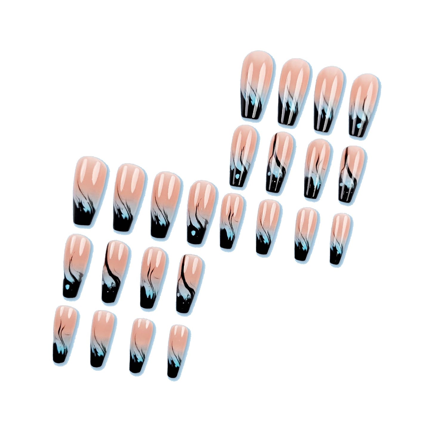 MERVF Coffin Press on Nails Long Fake Nails Black French Tip Glue ons Blue Ombre Design Acrylic Goth Ballerina Flame Fire Summer Manicure Art Glossy 24pcs