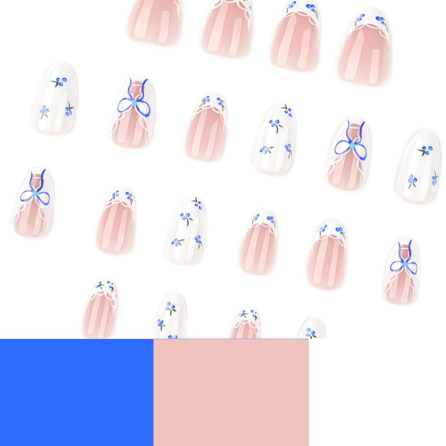 French Tip Press on Nails Short Almond Fake Nails Blue White Stick on Nail Flower Lace Glossy Reusable Full Cover with Adhesive Glue Artificial Nail Women Manicure 24Pcs