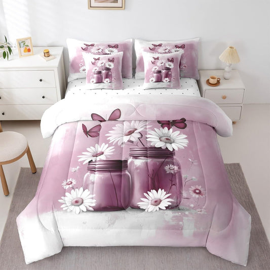 Erosebridal Cute Floral Queen Bedding Set Aesthetic Kawaii Pink Butterfly Comforter Set for Girls Women Pretty Blossom 7-Piece Bed in a Bag Watercolor Petals Bottle Art Decor Quilt Sets