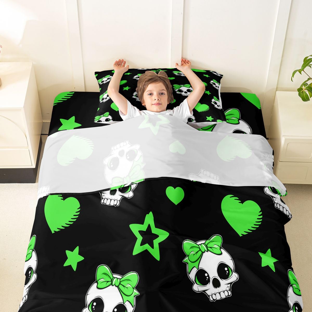 Castle Fairy Cute Skeleton Bed Sheets Twin Size,Exotic Skull Star Love Bowknot Print Easy Wash Bedding Set,Halloween Theme Kids Room Decor,Black Green Sheet(Fitted+Flat+1 Pillowcase)