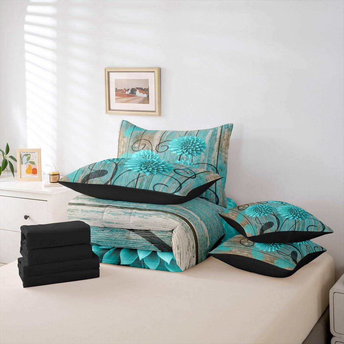 Erosebridal Teal Farmhouse Dahlia 7 Piece Comforter Set Queen | Daisy Floral Boho Bed in A Bag Turquoise Floral Sheet Set Breathable Lightweight Rustic Flower Abstract Fitted Sheet
