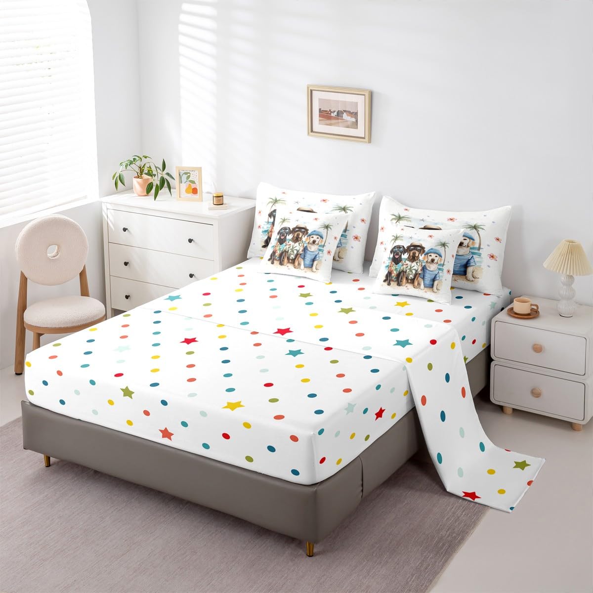 Erosebridal Summer Beach Bed in A Bag Full, Kawaii Dogs Comforter Set with Sheets, Sea Beach 7 Pieces Bedding Set for Kids Boys Teens Girls Women Men Bedroom, Floral Starfish Coconut Tree Bed Sets