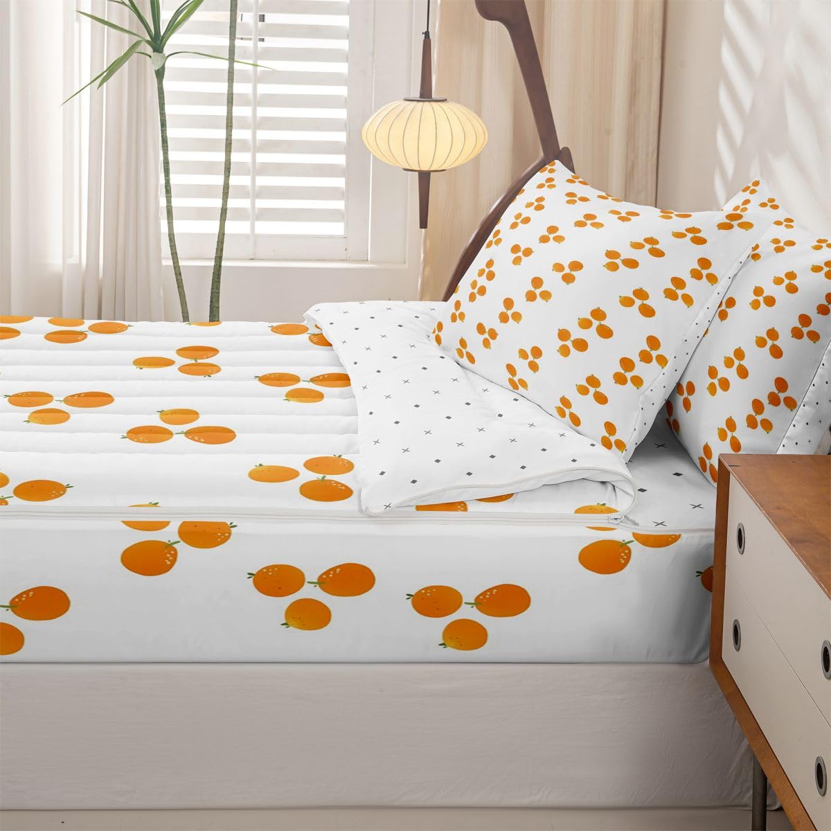 Erosebridal Orange Zipper Bedding Set Twin Modern Zip Up Comforter Set with Sheets Cartoon Fruit Bed in a Bag Hand Drawn Print Bed Sets with 2 Pillowcases