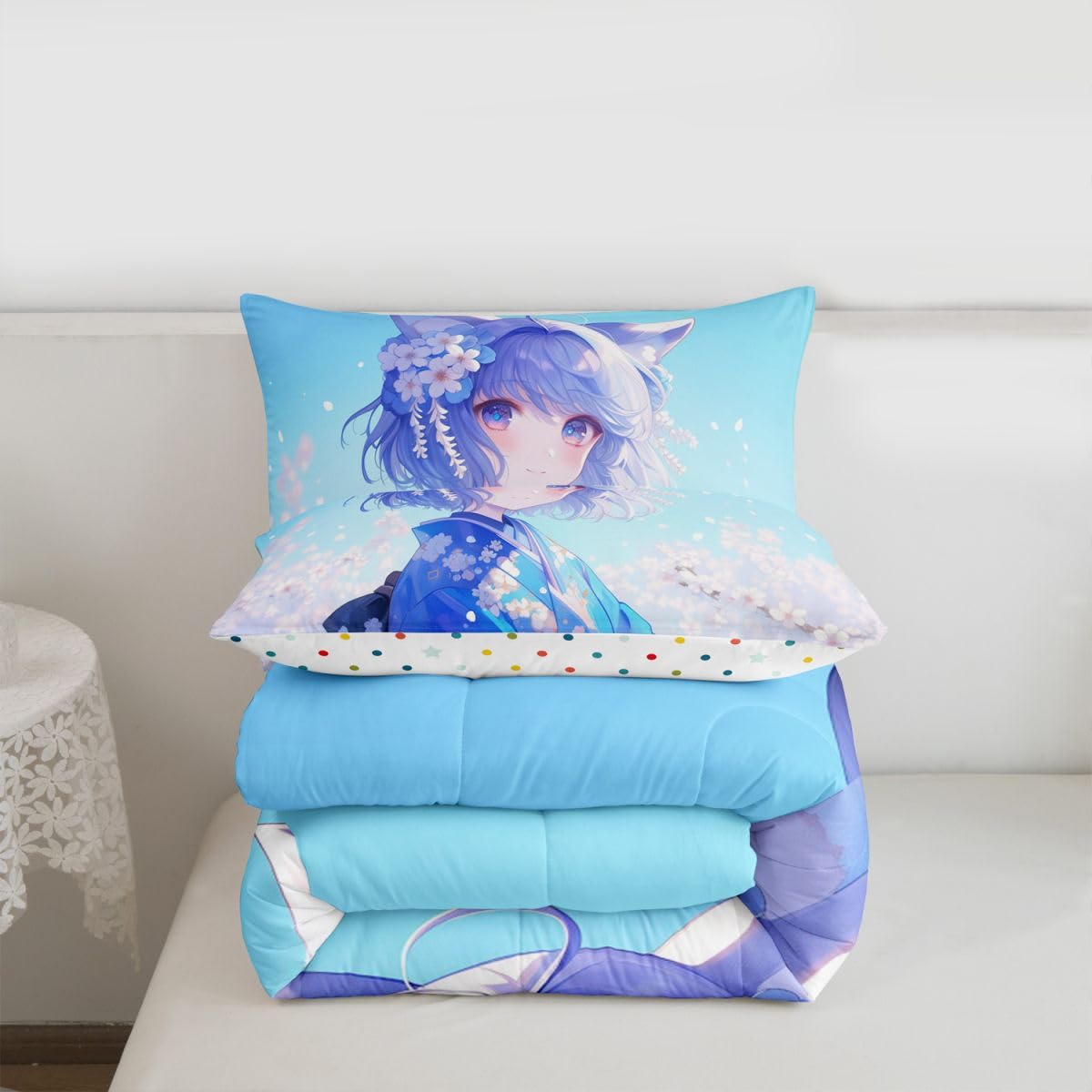 Erosebridal Kawaii Japanese Girl Comforter Set Twin, Anime Gifts Bedding in Kimono Japanese Style Bedding Sets for Room Aesthetic Cool Anime Modern Art Duvet Set for Guys Bedroom Kawaii Room Decor