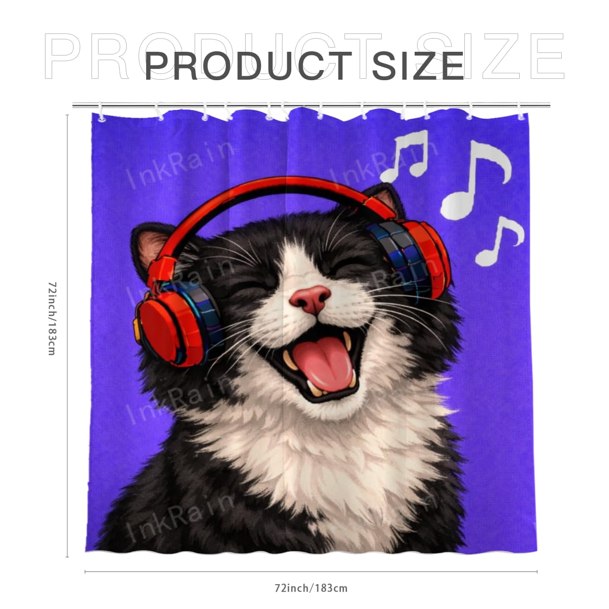 InkRain Funny Shower Curtain with 12 Hooks Tuxedo Cat with Headphones Bathroom Decor Waterproof Polyester Fabric Machine Washable Bath Curtain 72x72 Inch
