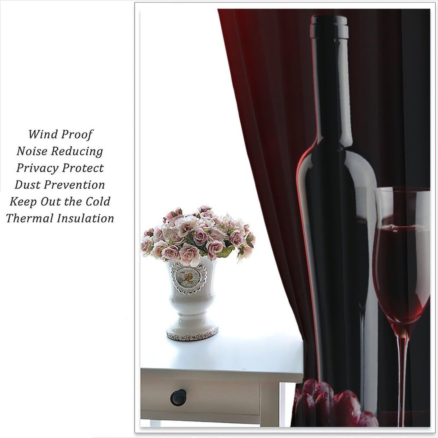 Wine Curtains, Red Wine Bottle Glass Grapes Print, Light Filtering Window Drapes for Kitchen Dining Room Living Room, 20.5" W x 44.5" L, 2 Panels （No Blackout）