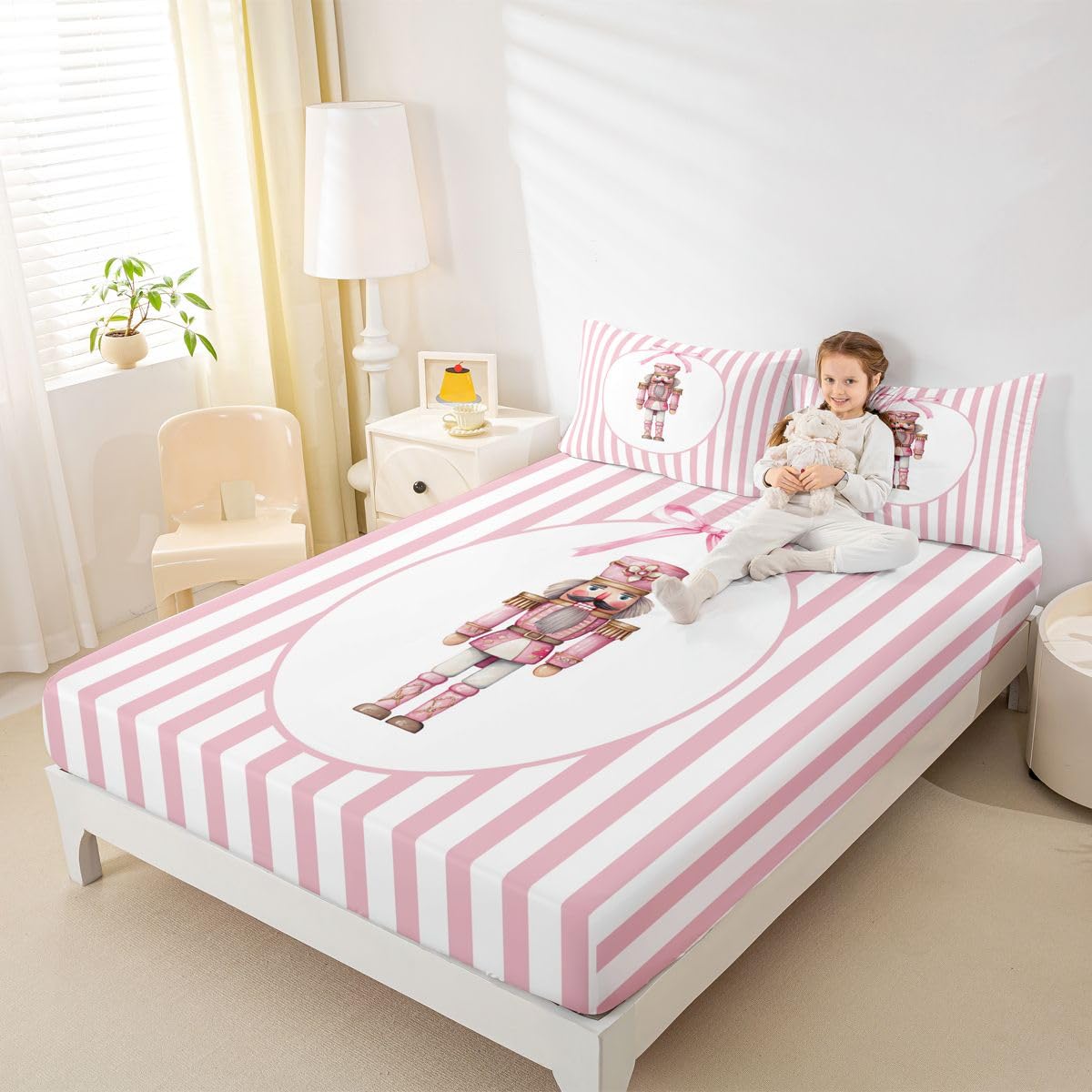 Manfei Nutcracker Kids Full Size Fitted Sheet,Christmas Lovely Bowknot Boys Girls Bed Sheets,Winter Xmas Holiday Stripes Room Decor,Pink White Bedding Set,2 Pillowcases(No Flat)