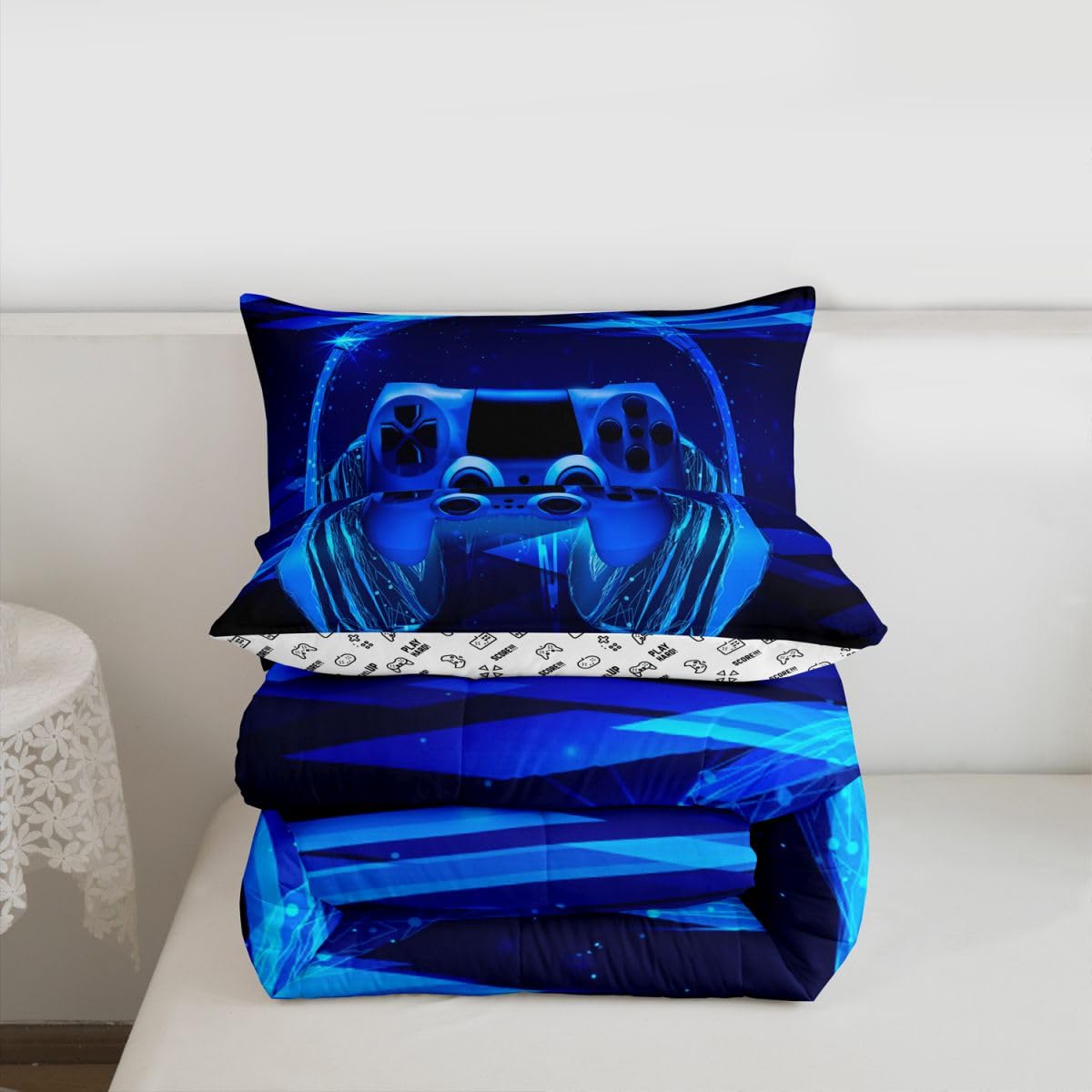 Feelyou Gamer Bedding Set Kids Video Game Gamepad Comforter Set for Boys Teens Gaming Headset Comforter Breathable Blue Game Controller Duvet Set Room Decor Quilt Set Twin Size