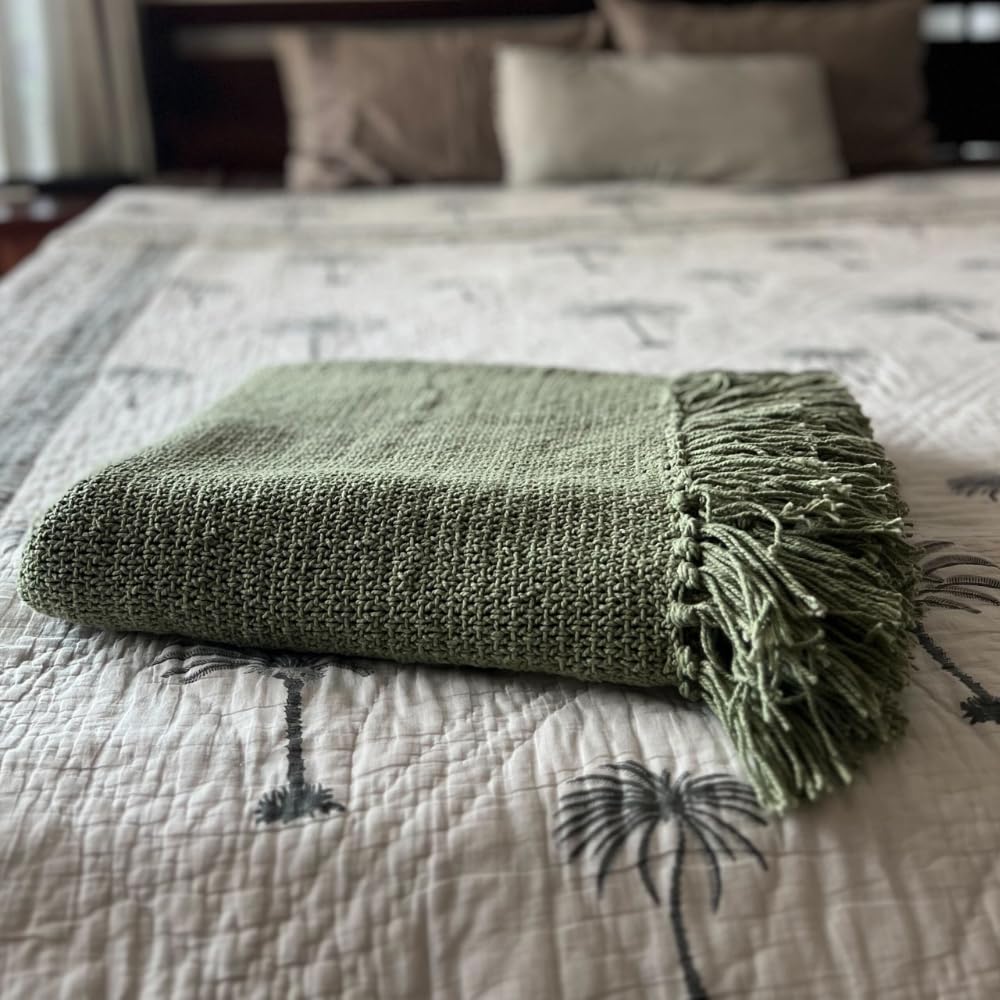 Dot Day Handwoven Cotton Throw Blanket – Chunky Knit, Soft & Breathable – 100% Cotton, 51x63 inches – Cozy Couch, Bed, Baby Nursery, Rustic Farmhouse Decor – Machine Washable (Sage Green)