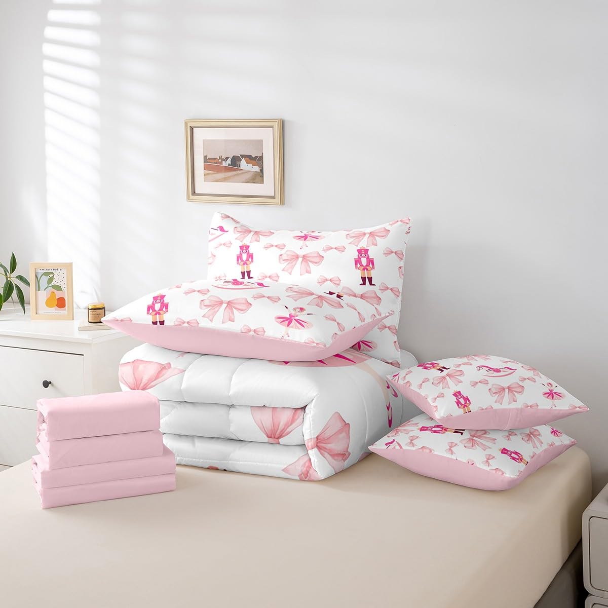 Erosebridal 7 Piece Pink Bow Comforter Set King Bed in a Bag,Cute Nutcracker Bedding Set for Girls Child,Kids Bowknot Trojans Duvet Insert,Ballet Girl Dancer Quilt,Dreamy Princess Style Sheet Set