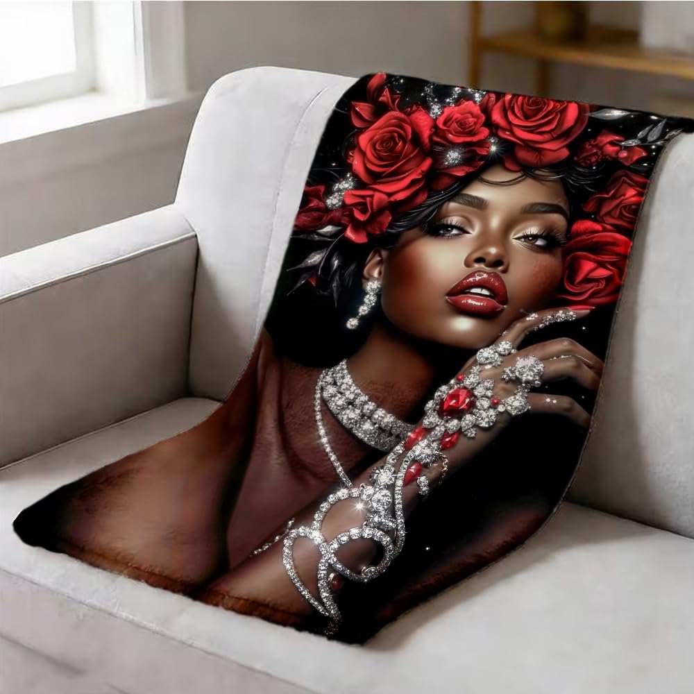 ZHOUSHUTONG Black Women Throw Blanket African American Black Girl Print Super Soft Warm Cozy Blanket for Couch Bedroom Office Home Decor Gift for Her 49"x59"