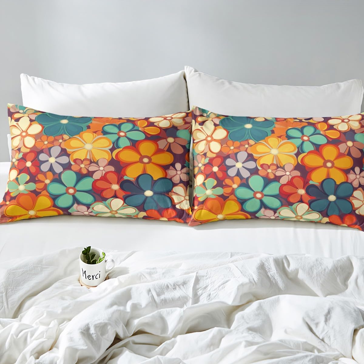Erosebridal Groovy Flower Queen Sheets 70s Party Sheet & Pillowcase Sets Rainbow Floral Bed Sheets Boho Hippie Sheet Set Vintage Retro Party Top Sheet for Girl Woman Microfiber 4pcs…