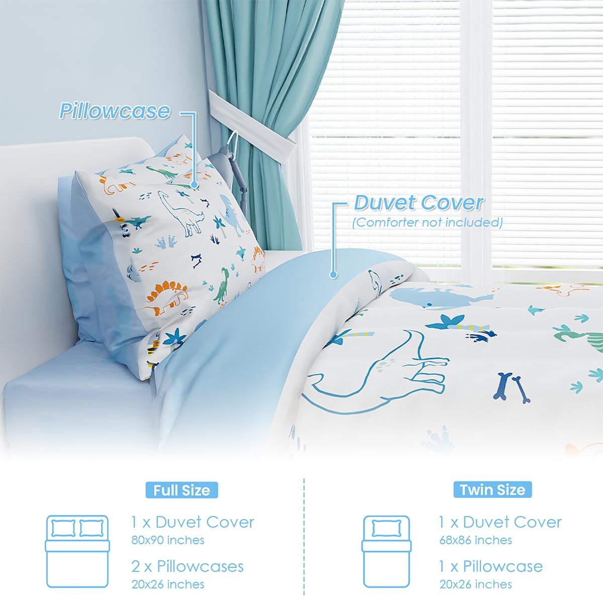 SANDJEST Dinosaur Duvet Cover Sets Full Size for Kids Boys, Incude 1 Polyester Comforter Cover 80x90 Inches and 2 Pillowcases 20x26 Inches, Comforter Not Included, Gift for Christmas Birthday