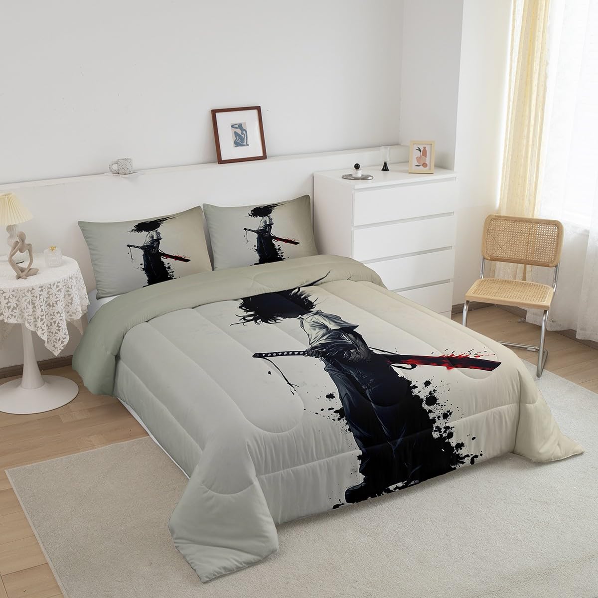 jejeloiu Kids Afro Samurai Comforter Set Queen Size Anime Bedding Set for Boys Girls Japanese Style Duvet Quilt,1 Comforter+ 2 Pillow Shams