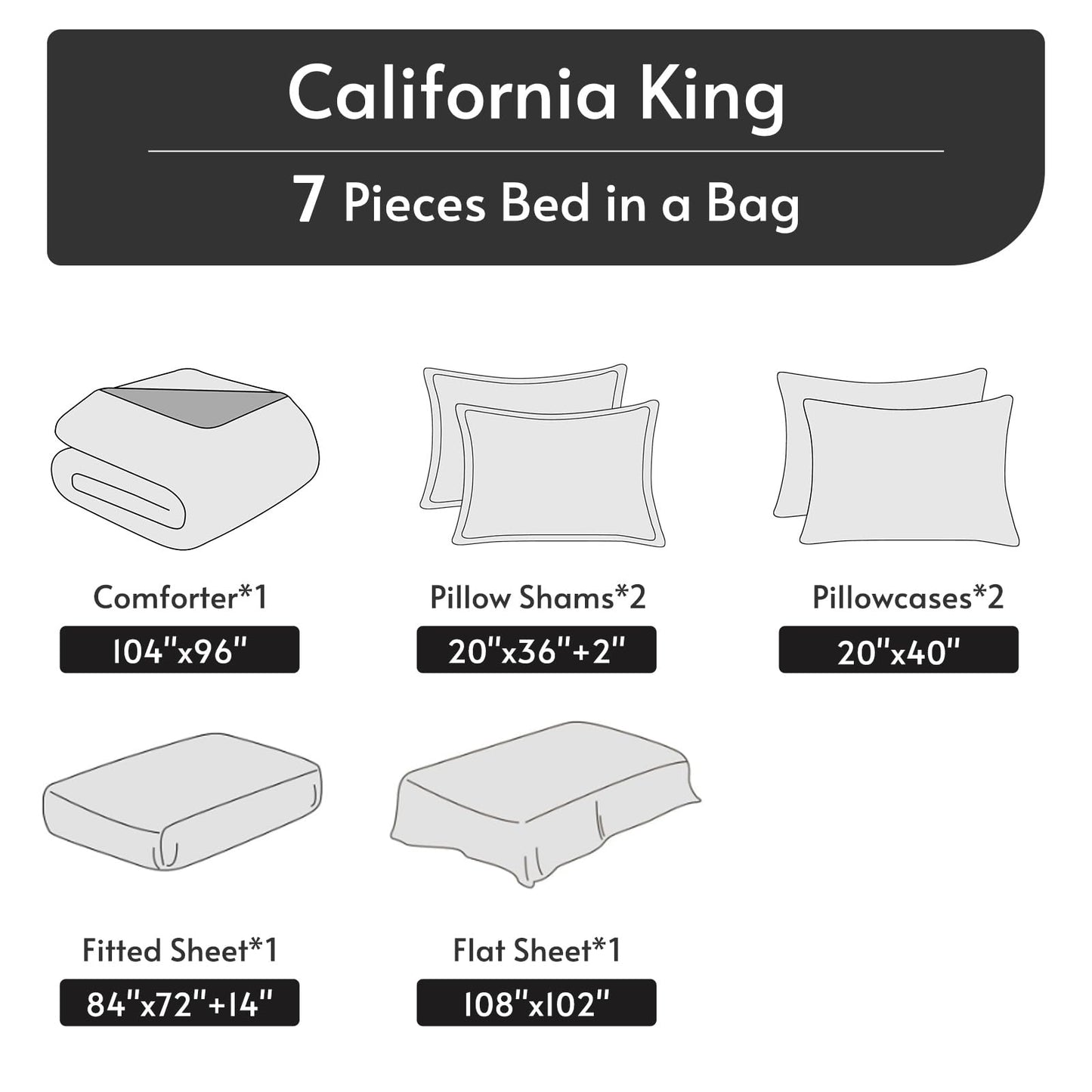 MUXHOMO 7 Pieces California King Comforter Set, Reversible Bed in a Bag Cal King Size, All Season Bedding Set with Comforter, Flat Sheet, Fitted Sheet, Pillowcases & Shams, Mineral Blue & Light Blue