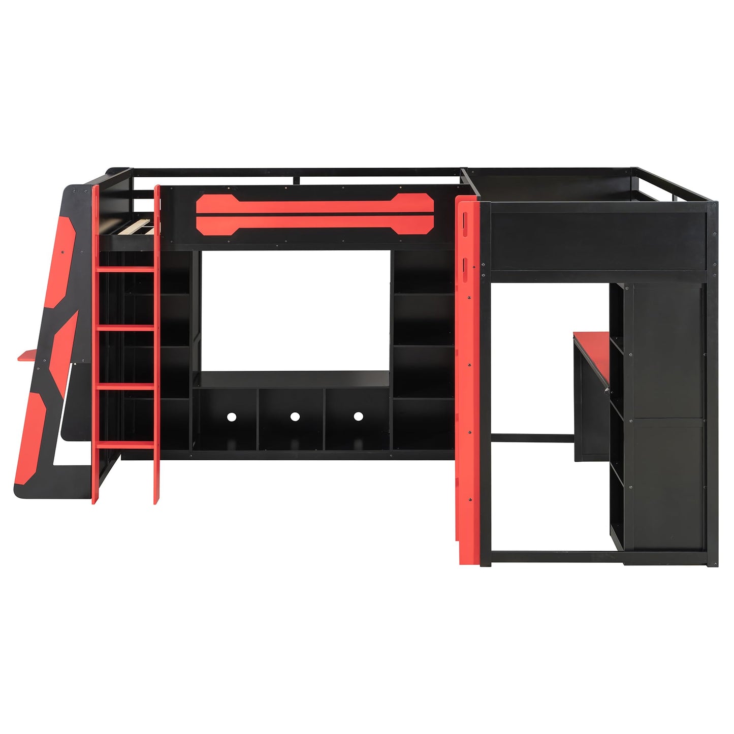 HRJHLucky Twin Size L-Shaped Gaming Loft Bed with RGB LED Lights, USB Ports, TV Stand and Dual Beds, Wood Loft Bed Frame with Desk and Storage Shelves (Red)