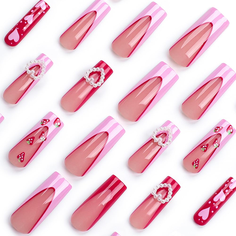 Valentines Nails - Long Press On Nails Coffin Fake Nail With 3D Heart Pearl Strawberry Designs Pink French Acrylic Artificial Glue On False Nail Press Ons Stick On Nails for Women Girls