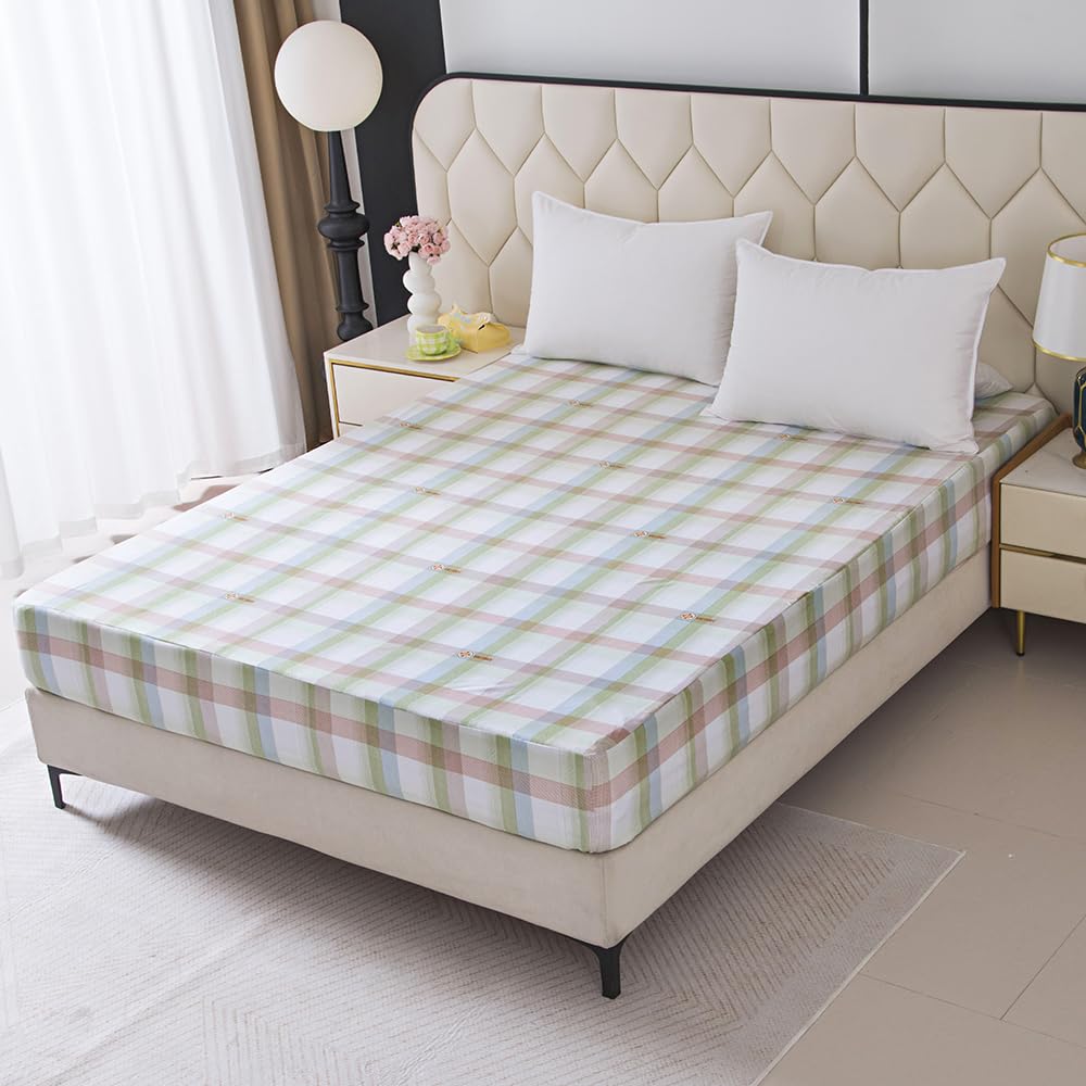 NATURETY Bedding Fitted Sheet with Deep Pocket,Modern Design Light Green Linellae Pattern Printed Fabric Bed Sheets (Green Checkered, Twin)