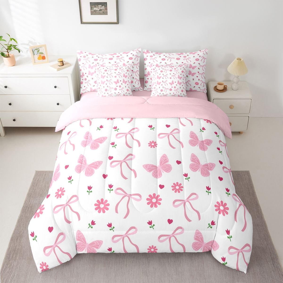 Erosebridal Butterfly Floral Bow Pink Girls Full Comforter Set 7 Pieces | Ribbon Daisy Coquette Bed in A Bag for Bedroom Flowers Kawaii Cute Bedding Set with Comforters Flowers Kawaii Cute Room Decor