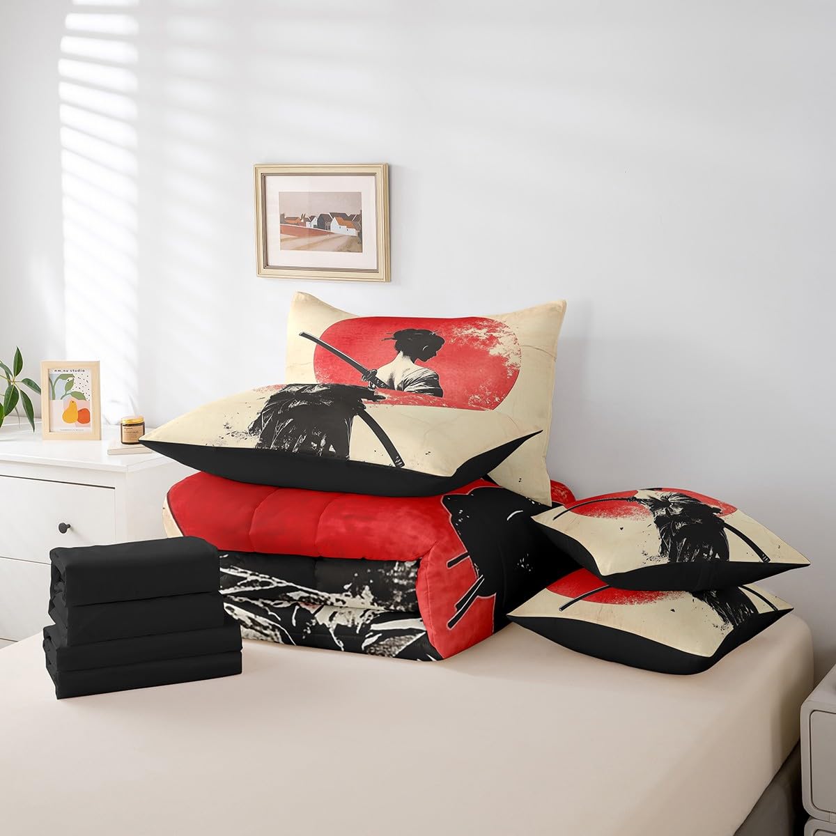 Erosebridal Cool Geisha Bedding Set 7Pcs,Female Samurai Comforter Set Twin for Kids Men Women,Japanese Ukiyoe Bed in a Bag,Traditional Kimono Quilt