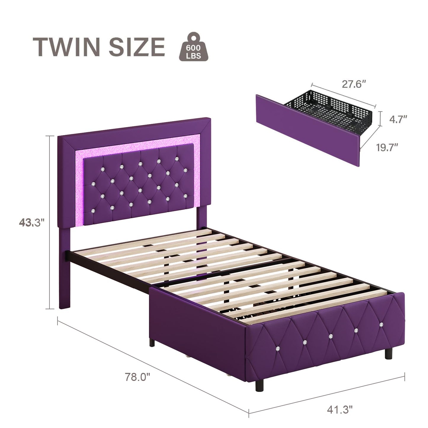 Twin Bed Frames with Storage Drawers and LED Lights, Upholstered Bed with Crystal Tufted Headboard, Princess Platform Bed with Wooden Slats Support, No Box Spring Needed, Purple