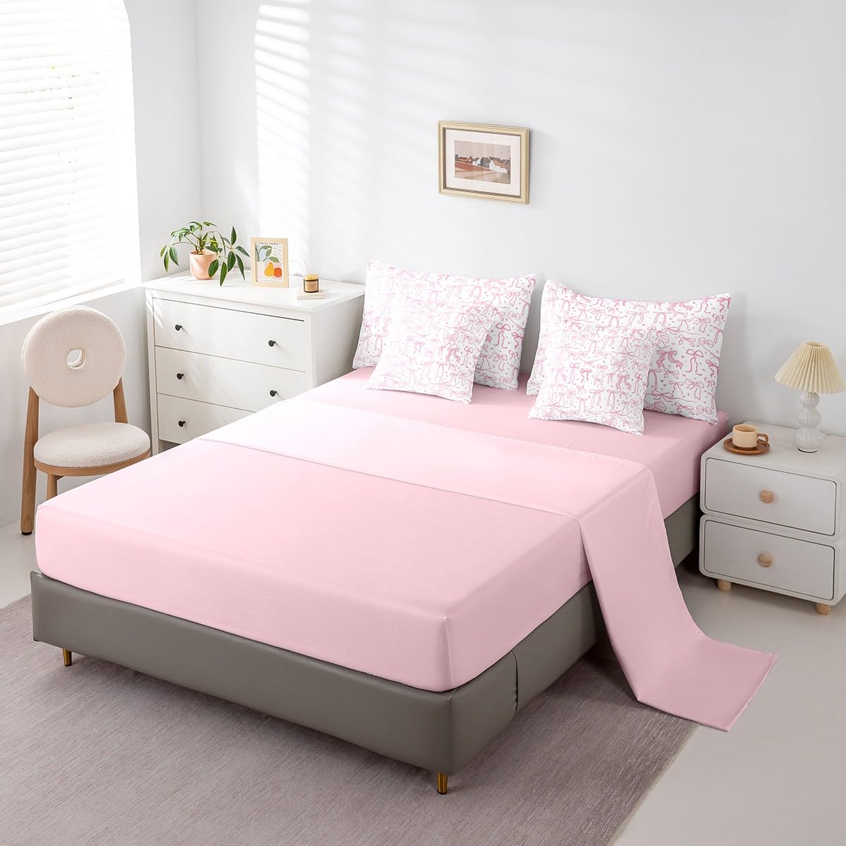 Pink Bowknot Kids Girls 7Pcs Comforter Set Full Size,Cartoon Hand Drawn Stars Love Bow Fitted Flat Sheet,Sweet Princess Style Bedding Set for Teens Woman Room Decor,Dreamy Pink White 4 Pillow Cover