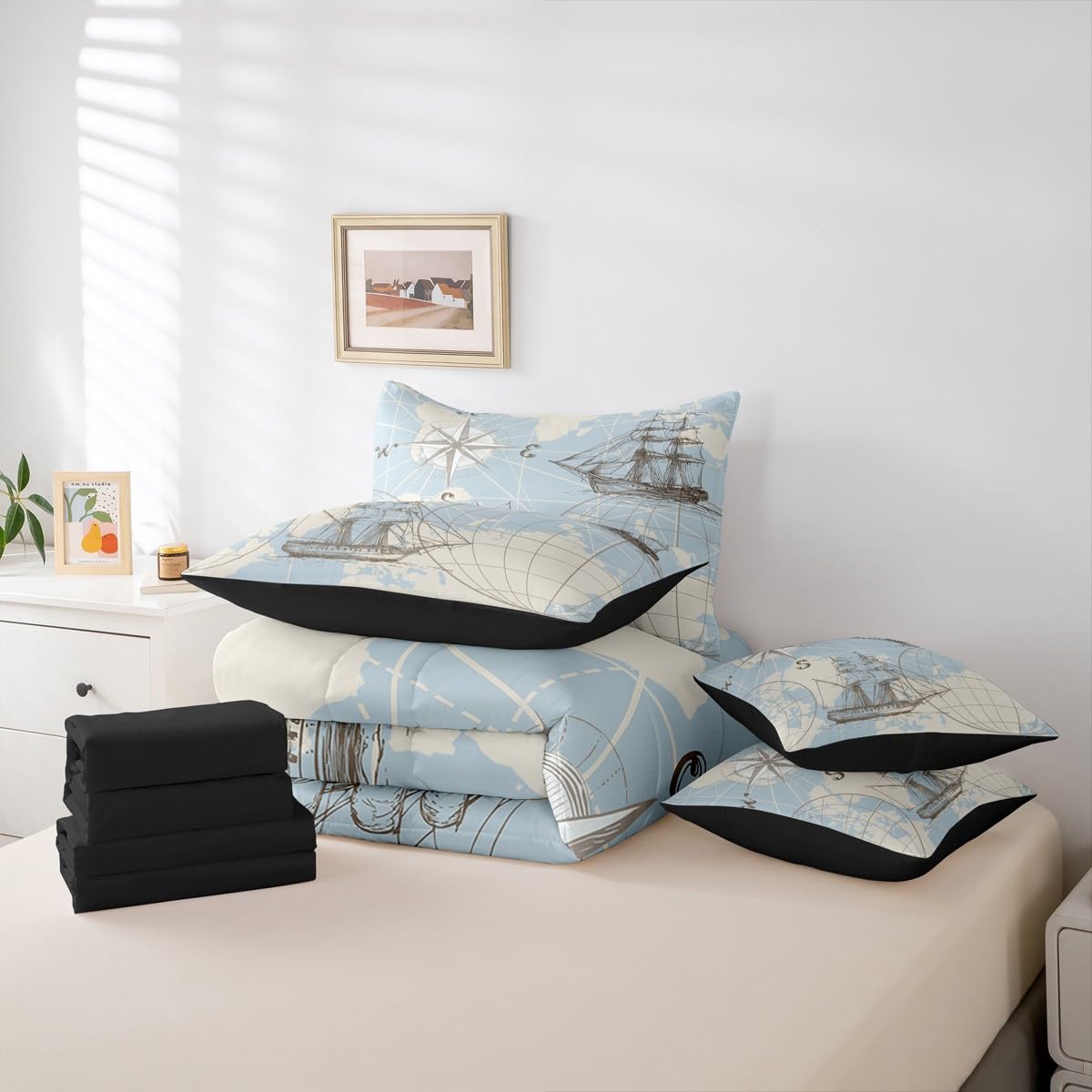Erosebridal Nautical Full Comforter Set 7 Pieces, World Map Bed in A Bag for Bedroom, Sailing Boat Yacht Bedding Set with Comforters, Sheets, Pillowcases Retro Compass Room Decor