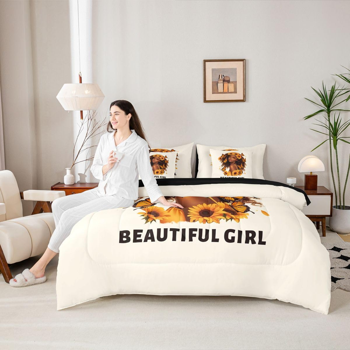 Erosebridal Beautiful Black Girls Queen Bedding Set Vibrant Sunflower Comforter Set with Flat and Fitted Sheet Teen Women Cute Butterfly 7-Piece Bed in a Bag Minimalist Art Quilt Sets