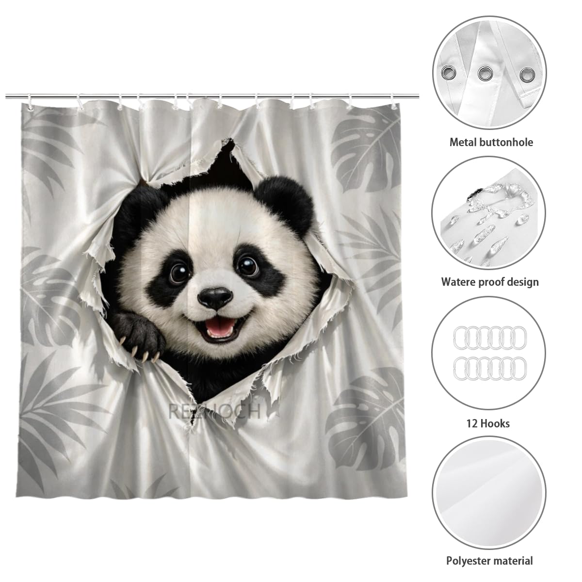 REZHOCH Cute Panda Shower Curtain 72x72Inch Fun Animal Hole Peeking Bath Curtain Waterproof Fabric Grayish White Rainforest Leaves Kid Adult Home Bathroom Decor with Hooks