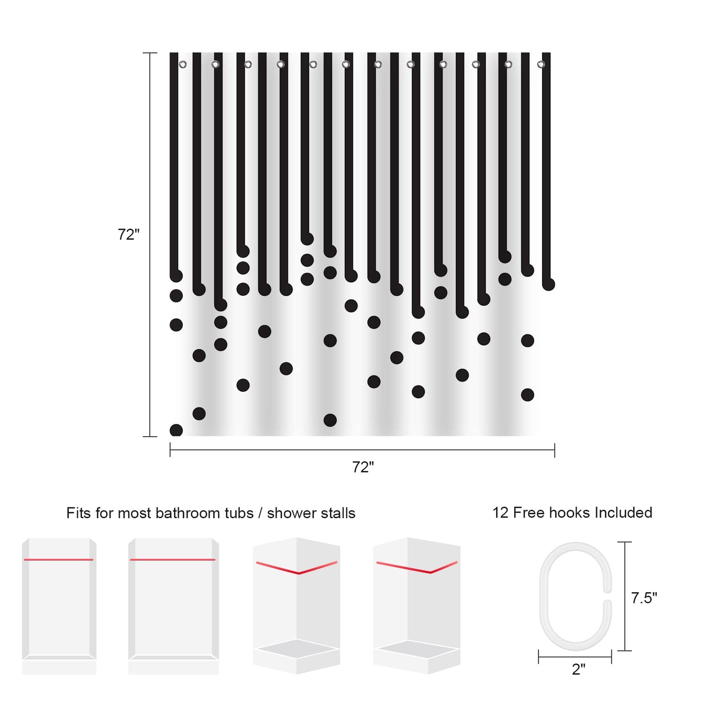 YAXI Black and White Fabric Shower Curtain for Bathroom Modern Black Striped Shower Curtain Summer Water Repellent Bath Curtains 72x72 inches with Hooks