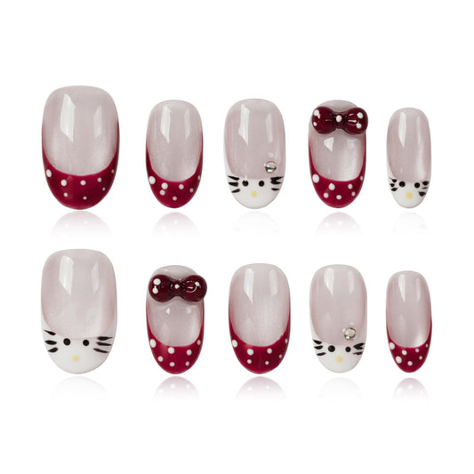 Tesytto Handmade Press on Nails Short Oval – Kawaii Cat Face 3D Bow Rhinestone Charm, Burgundy Gray Glitter French Tip False Nails, 10 Pcs Reusable Acrylic Nails (Cute Cat Polka,M)