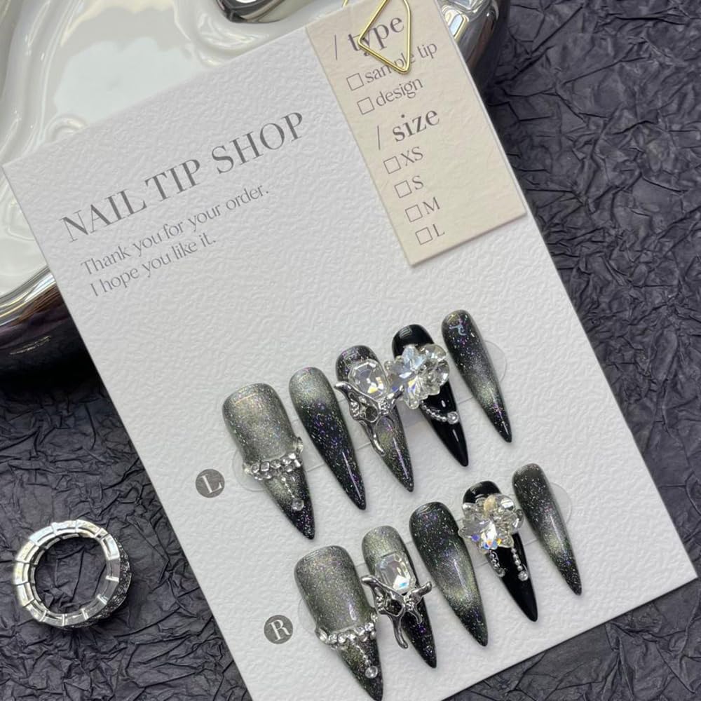 JIEADJIE Press On Nails (100% Handmade),Length Version,Handmade Painted Nail Art by Nail Technician,Luxury Party and Holiday Styles (Black Flash Silver, Small)