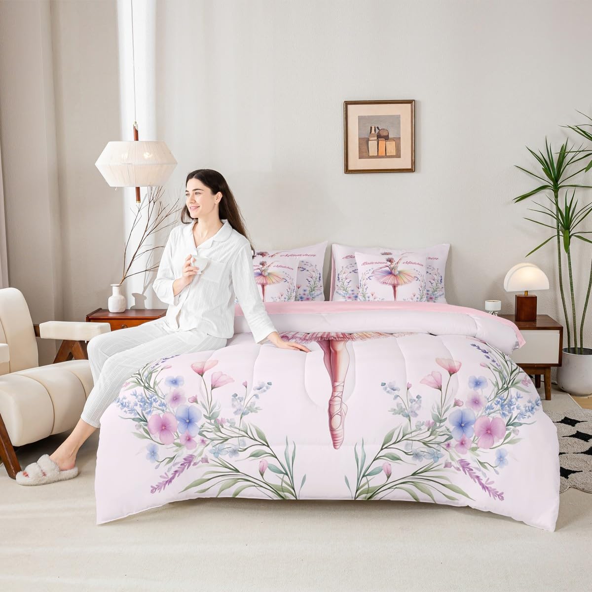 jejeloiu Love Gymnastics Bed Set Dancer 7 Pieces Bedding Set for Kids Groovy Flower Bed in a Bag with Comforter, Sheets, Pillowcases Ultra Soft Ballet All Season Breathable Lightweight Twin Size