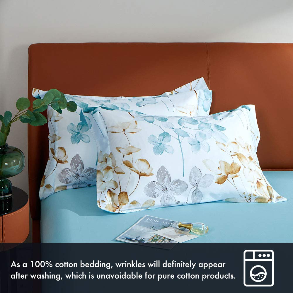 MILDLY 100% Long Staple Cotton Duvet Cover Set Blue Gold Grey Leaves Printed Comforter Cover Set Watercolor Plant