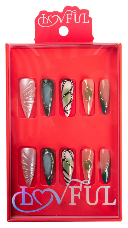 LOVFUL Press on Nails Handmade with Full Covered Crystals Reusable Fake Nails Stiletto Classic Regular 1.3 in Verdant Luxe M