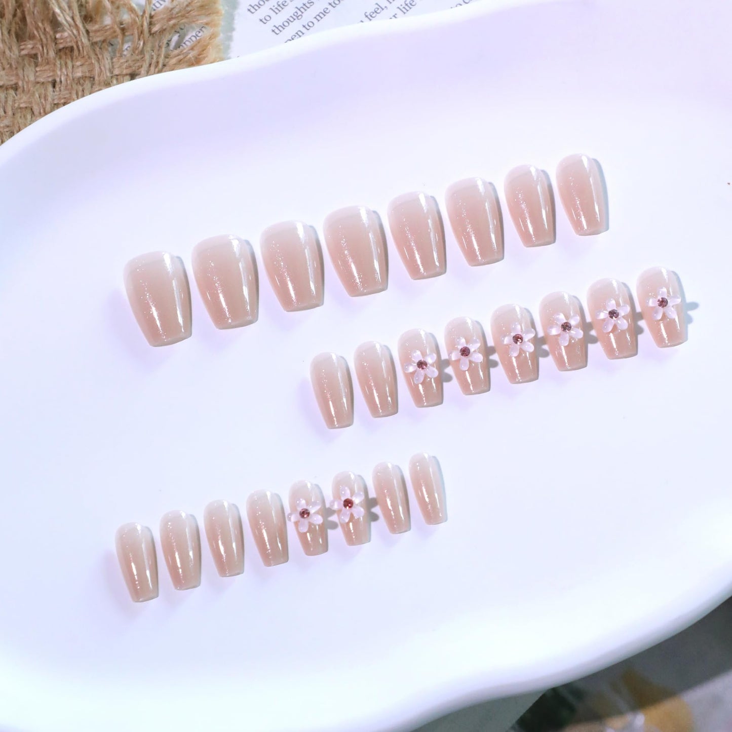 MERVF Coffin Press on Nails Medium Fake Nails Flower 3D Rhinestones Glue ons Nail Nude Glitter Acrylic Ballerina Manicure Glossy 24pcs