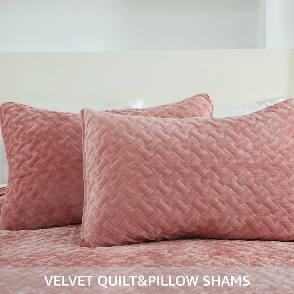 Liians Velvet Bedspread Quilt Bedding Sets,Luxury Soft Velvet Comforters Coverlet Blankets,Weave Stitching Pattern Cotton Quilted Bedspread for All Seasons, Pink,King Size