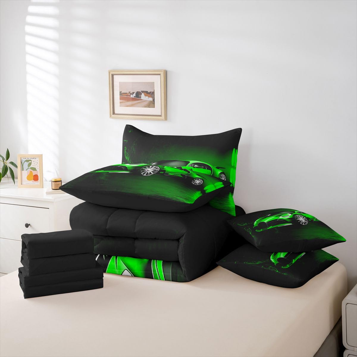 Feelyou Sports Car 7 Piece Bedding Set Green Race Car Comforter Set with Sheets for Kids Boys Girls Extreme Sports Theme Bed in a Bag Cool Speed Luxury Car Decor Bed Set with 2 Pillowcases Queen
