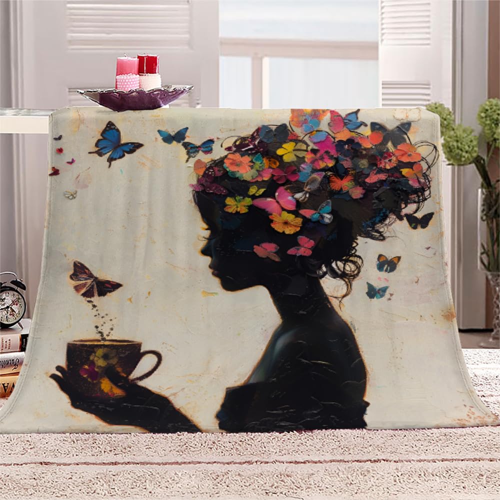 Butterflies Girl Blanket Throw, Fashion Flowers Throw Blanket for Couch, Floral Foliage Breathable Warm Bed Throw, Nature Forest Lightweight Fleece Blanket Kids 30"x 40" Camping & Travel Blanket