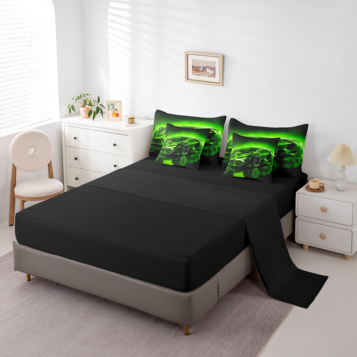 Feelyou Kids Boys Race Car 7 Piece Bedding Set Full Size Green Sports Car Comforter Set with Sheets for Kids Teens Boys Girls Extreme Sports Theme Bed in a Bag Speed Luxury Car Bed Set